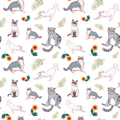 Fat gray cat sitting, white cat stretching legs, Siamese cat sitting confused, fat gray cat walking, sunflowers, nature, minimal, hand-drawn watercolor seamless pattern