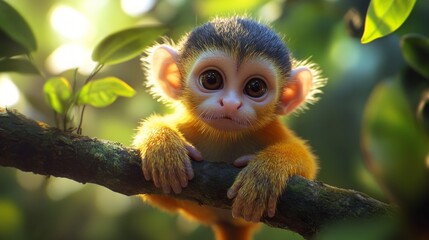 Fototapeta premium A cute baby monkey with big brown eyes sits on a tree branch in a jungle.