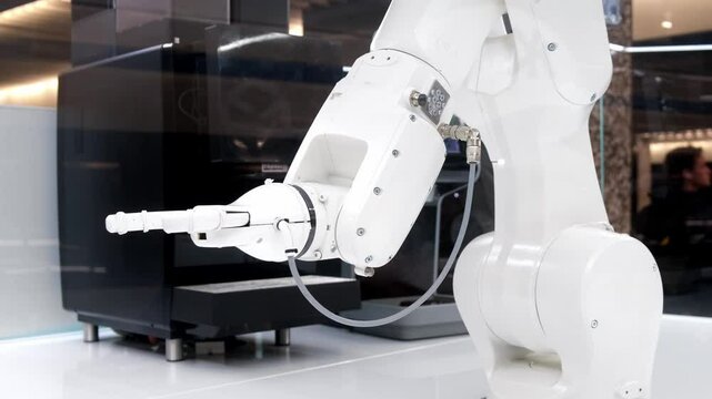 A modern robot prepares coffee, showcasing innovation in service. This moment highlights the blend of technology and everyday life, making the coffee-making process convenient and engaging.