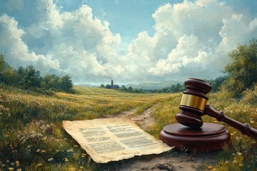 A wooden gavel and a piece of parchment lie on a dirt road in a green field with a blue sky and fluffy white clouds in the background.