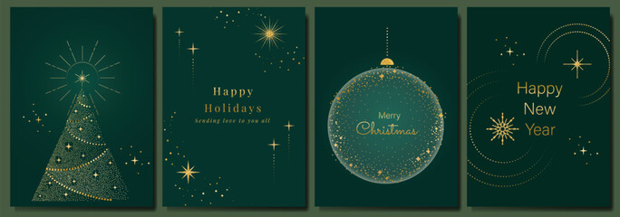 Luxury gold happy holiday  invitation card design vector. Christmas tree, snowflake, bauble ball, firework with spot texture on green background. Design illustration for cover, print, poster, ads. 