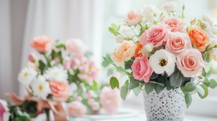 Delicate Pink and White Roses in a White Vase