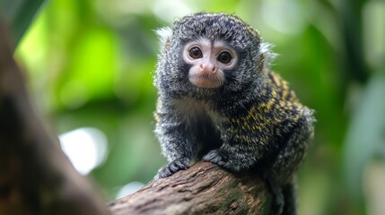 Obraz premium A cute, small, marmoset monkey with big, curious eyes sits on a branch in the rainforest.