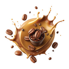 Coffee beans with chocolate and milk splashes png background