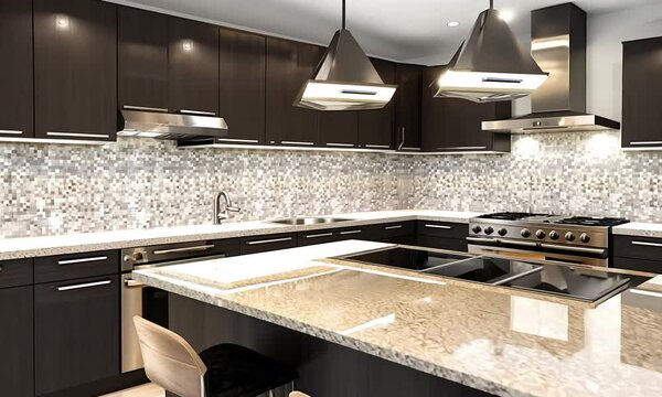 Modern kitchen with dark wood cabinets, a stainless steel range hood, and a large kitchen island with bar stools.