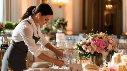 A female event planner setting up a wedding reception. She’s arranging flowers and coordinating with the catering team