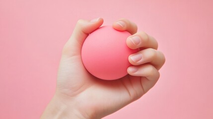 Hand holding a pink stress ball on a pink background.