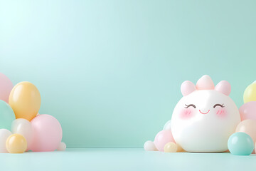 Fototapeta premium Delightful pastel decorations featuring cheerful balloon characters for fun celebrations and inviting spaces