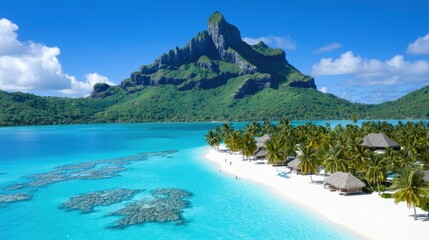 Bora Bora Island Aerial View   Tropical Paradise  White Sand Beach  Blue Lagoon  Palm Tree