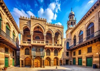 Naklejka premium Stunning Facade of Wikala of Bazaraa in Medieval Cairo with Vaulted Arcades and Mashrabiyya Windows - Historic
