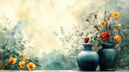 A delightful line art illustration of vintage  historic details, enriched with soft watercolor hues, creating a classic and charming background for design projects.