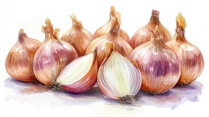 Obraz premium A colorful clip art of a group of fresh yellow onions cut into wedges, highlighting their shiny surfaces and natural sheen, set against a clean white background, ideal for food marketing materials.