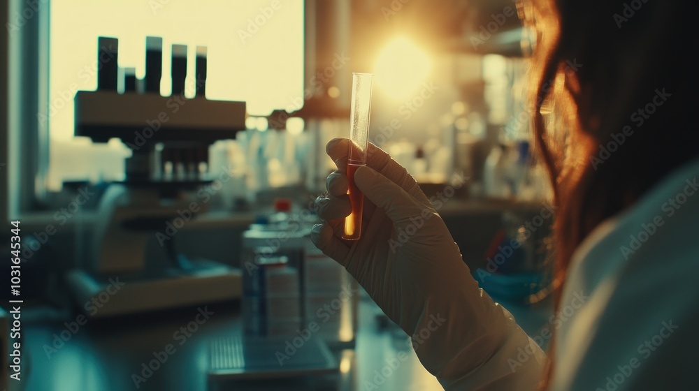 Poster scientist holding a test tube with liquid in a lab