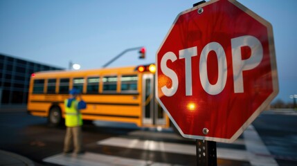 A stop sign with a school bus in the background. AI.