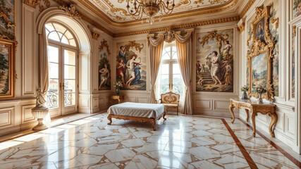 Fototapeta premium Luxurious Baroque Bedroom With Ornate Gold Decor and Artwork
