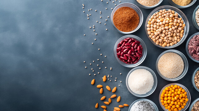 An array of colorful spices, legumes, and grains is neatly organized in glass containers on a dark countertop, highlighting various textures and flavors suitable for cooking