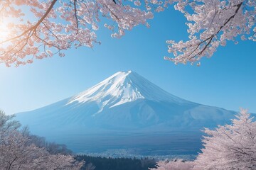 Mount Fuji in Springtime: A majestic Mount Fuji stands tall against a vibrant blue sky, framed by delicate pink blossoms. The sun peeks through the branches.
