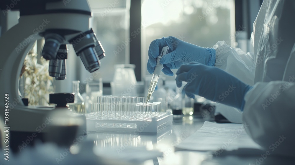 Poster Scientist in a Lab Coat Using a Pipette to Fill Test Tubes