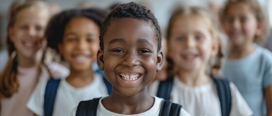 Fototapeta premium A young boy smiles brightly surrounded by other kids. AI.