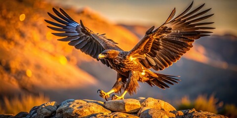 Obraz premium Stunning Food Photography of a Landing Steppe Eagle with Prey in Natural Habitat