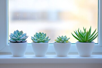 Fototapeta premium A minimalist arrangement of succulents in white pots on a clean, modern windowsill. 