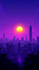 Vibrant skyline during sunset with purple hues over a bustling city and tall skyscraper silhouette
