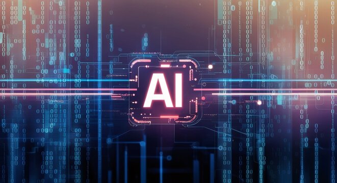 AI Revolution:  Digital artistry depicting the power of Artificial Intelligence, symbolized by a glowing AI logo amidst a futuristic binary code backdrop.
