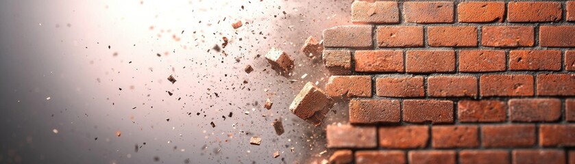 Obraz premium A dynamic image of a brick wall breaking apart, highlighting the texture and debris in an artistic representation.