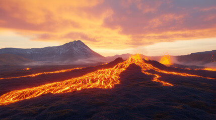 Thick lava flowing down the volcano. 