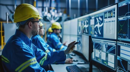Fototapeta premium Engineers Collaborating on Renewable Energy Data Analysis in a High-Tech Control Room Environment