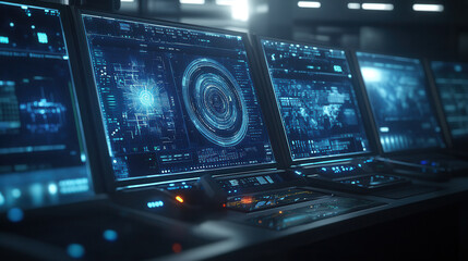 High tech warehouse with advanced monitoring systems and real time inventory tracking. screens display intricate data visualizations and analytics, creating futuristic atmosphere