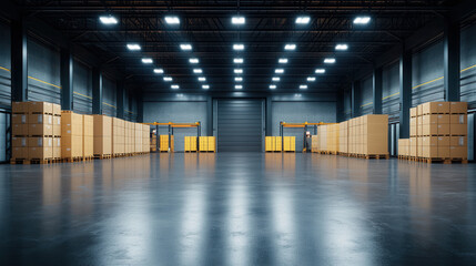 Fototapeta premium Modern warehouse interior with stacked pallets, showcasing efficient storage solutions and spacious design. well lit environment enhances productivity and organization