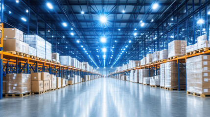 Obraz premium Efficient modern warehouse interior with stacked pallets and bright lighting, showcasing spacious layout designed for optimal storage and organization