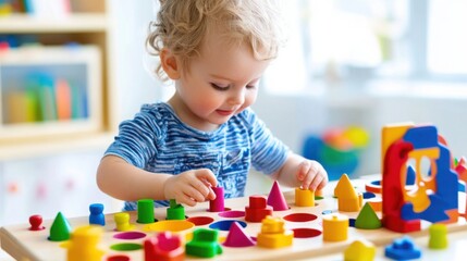 A happy toddler working on a wooden shape sorter, carefully placing pieces into the corresponding holes
