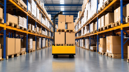 Efficient warehouse with yellow pallet truck transporting boxes on pallets. organized shelves are filled with cardboard boxes, showcasing modern storage solution