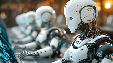 Fototapeta premium Robots collaborating in spacious, well lit warehouse, showcasing advanced technology and teamwork. Their sleek designs and focused expressions highlight future of automation and efficiency