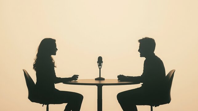 A minimalist interview scene, showing two people seated across from each other at a round table, with a microphone between them