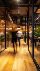 Group of Business people walking in the office corridor in night,People in business center walking at hall,motion go around at coworking space,Wide image,Concept of office life,co working space.