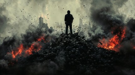 A man stands on rubble, surrounded by a city in the background
