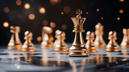 A captivating close-up of a golden chess king set against a blurred background of golden lights, representing strategy, intellect, and the timeless allure of chess.
