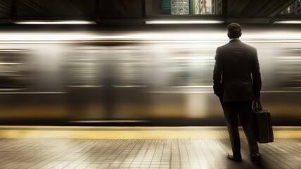 Young businessman man at subway station with blurry moving train in background,work success,high speed train,Modern and fast travel concept,standing on metro platform,Urban life concept.