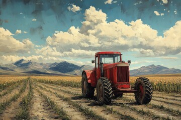 A red tractor sits in a field of yellow flowers, with mountains in the background and a blue sky with white clouds.