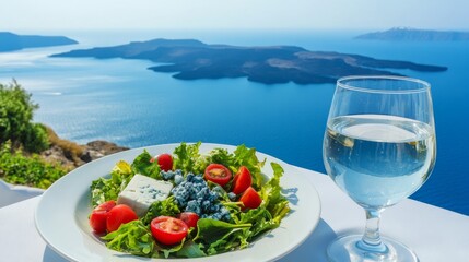 A fresh salad with feta cheese and cherry tomatoes, served with a glass of white wine, overlooking a stunning seascape.