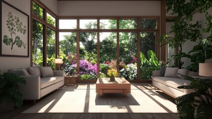 Fototapeta premium Cozy indoor space with folding doors opening to a serene garden and inviting outdoor seating area.