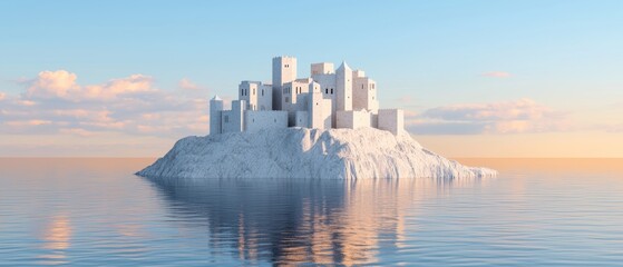 Naklejka premium A majestic castle on an island, surrounded by tranquil waters under a serene sky at sunrise.