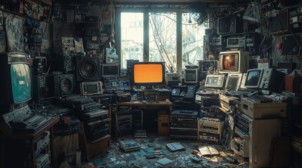 A room filled with many old computers and a computer desk