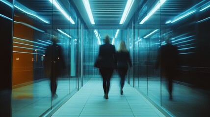 Group of Business people walking in the office corridor in night,People in business center walking at hall,motion go around at coworking space,Wide image,Concept of office life,co working space.