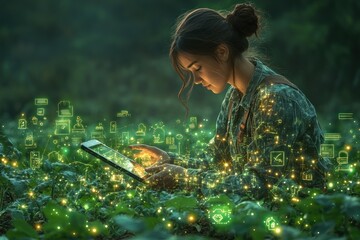 A young woman sits in a lush green field, using a tablet computer. Around her are glowing icons representing technology and sustainability.