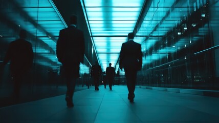Group of Business people walking in the office corridor in night,People in business center walking at hall,motion go around at coworking space,Wide image,Concept of office life,co working space.