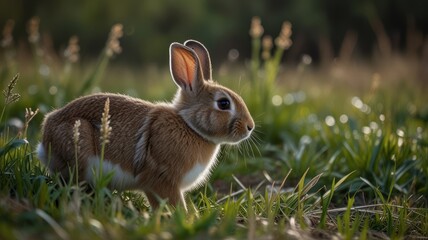 A cute brown and white rabbit with long ears stands in a grassy field, looking to the side.